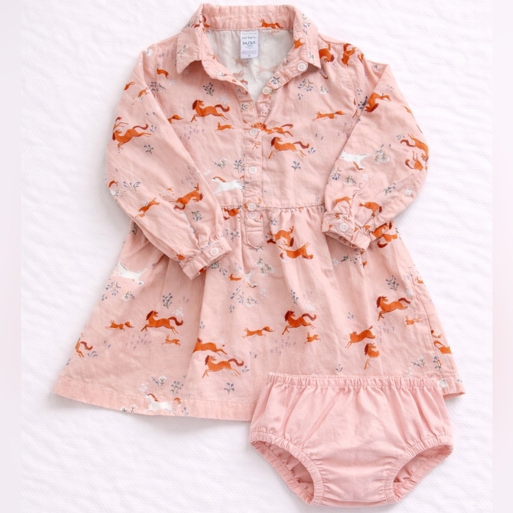 Carter’s Horse Print Dress 12M Baby Girl Pink Long Sleeve Button Front Dress